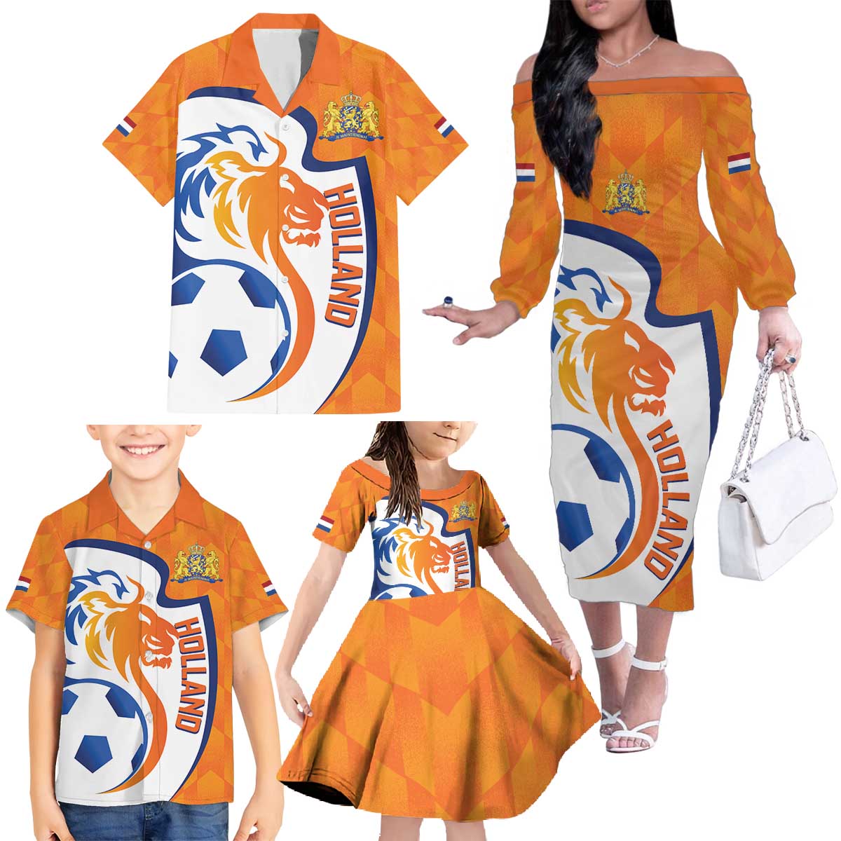 Custom Netherlands Football Family Matching Off The Shoulder Long Sleeve Dress and Hawaiian Shirt 2025 Go Champions Holland