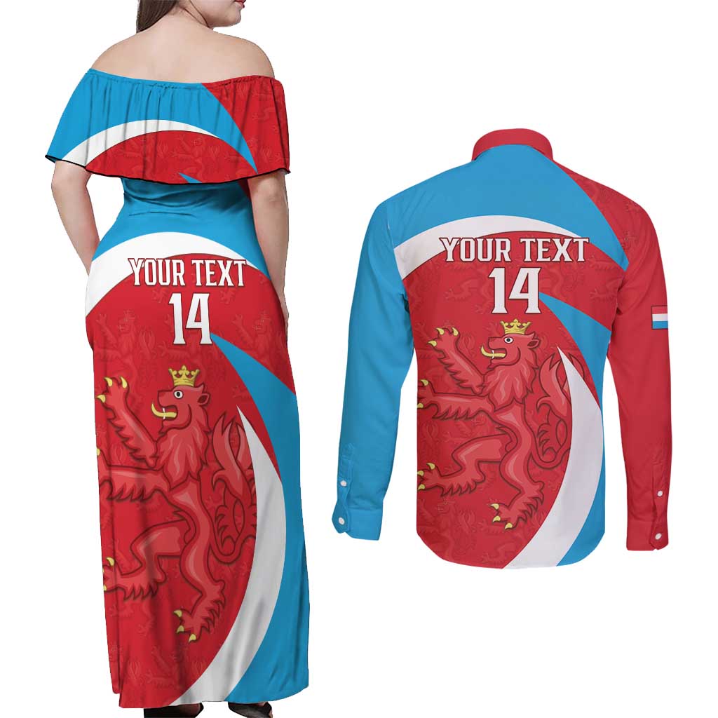 Custom Luxembourg Football Couples Matching Off Shoulder Maxi Dress and Long Sleeve Button Shirt Allez Les Lions Rouges