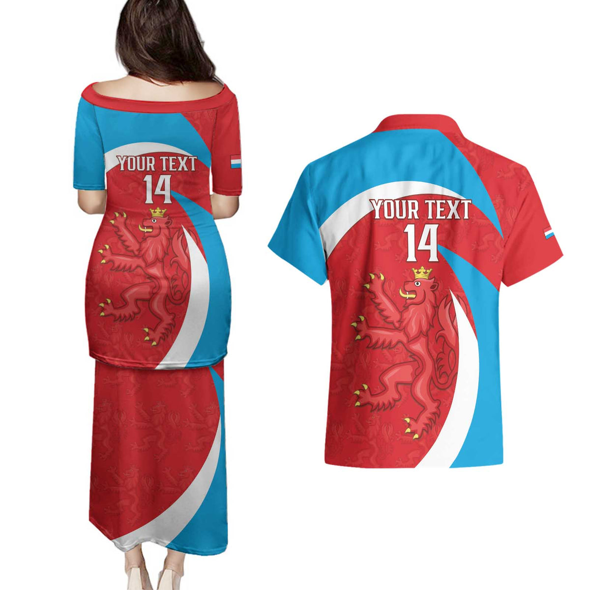 Custom Luxembourg Football Couples Matching Puletasi and Hawaiian Shirt Allez Les Lions Rouges