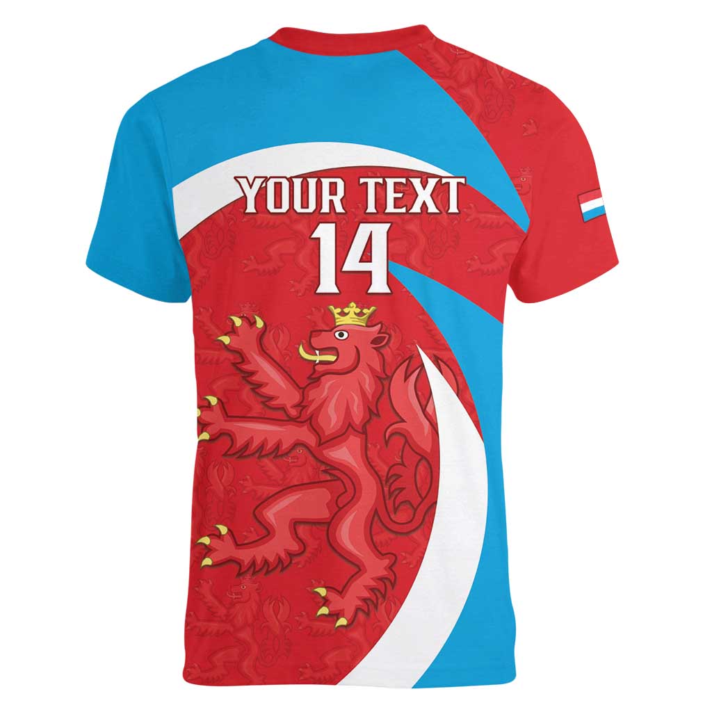 Custom Luxembourg Football Women V-Neck T-Shirt Allez Les Lions Rouges