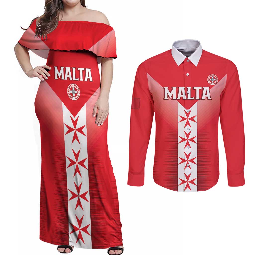 Custom Malta Football Couples Matching Off Shoulder Maxi Dress and Long Sleeve Button Shirt Maltese Cross Sporty Style
