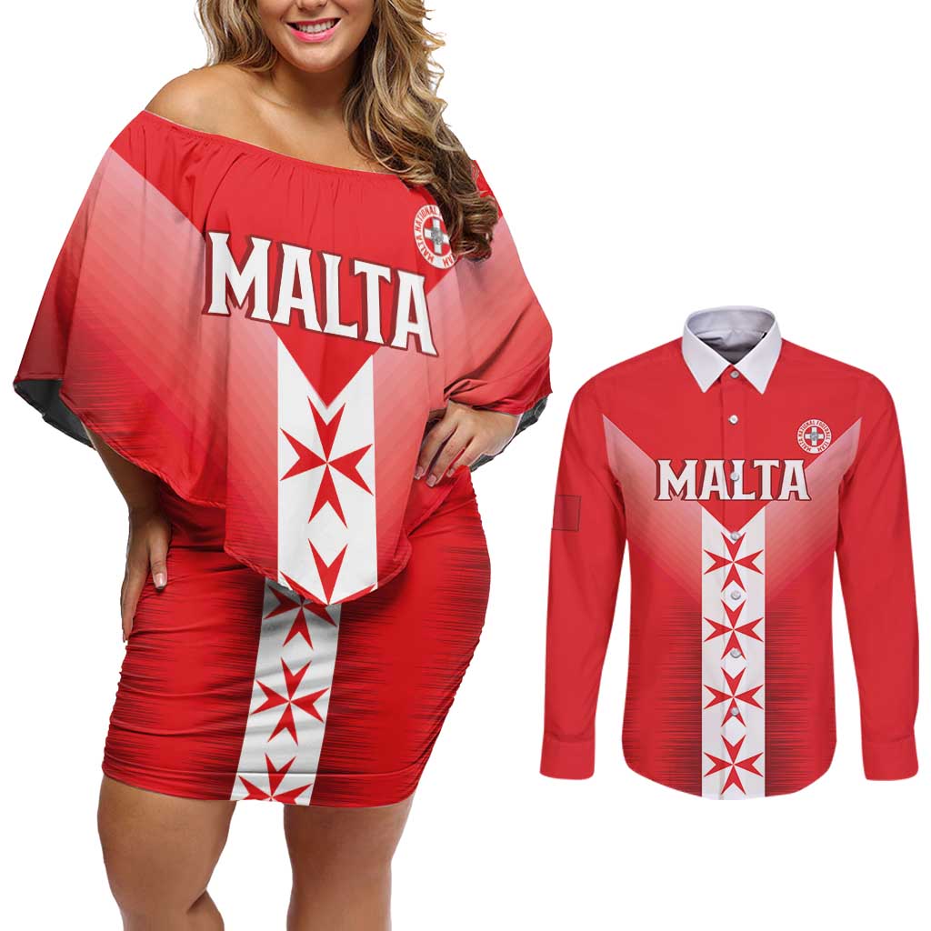 Custom Malta Football Couples Matching Off Shoulder Short Dress and Long Sleeve Button Shirt Maltese Cross Sporty Style