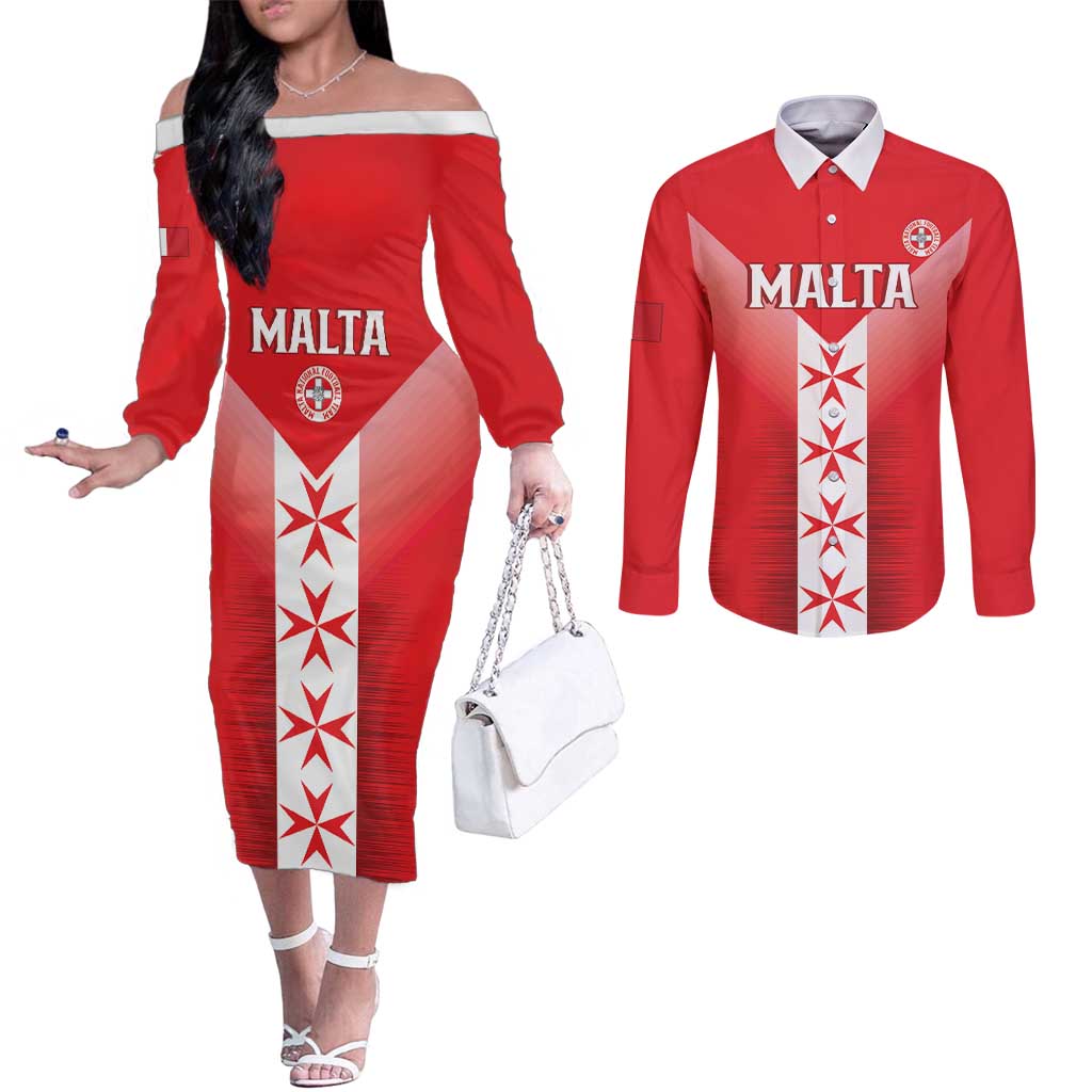 Custom Malta Football Couples Matching Off The Shoulder Long Sleeve Dress and Long Sleeve Button Shirt Maltese Cross Sporty Style