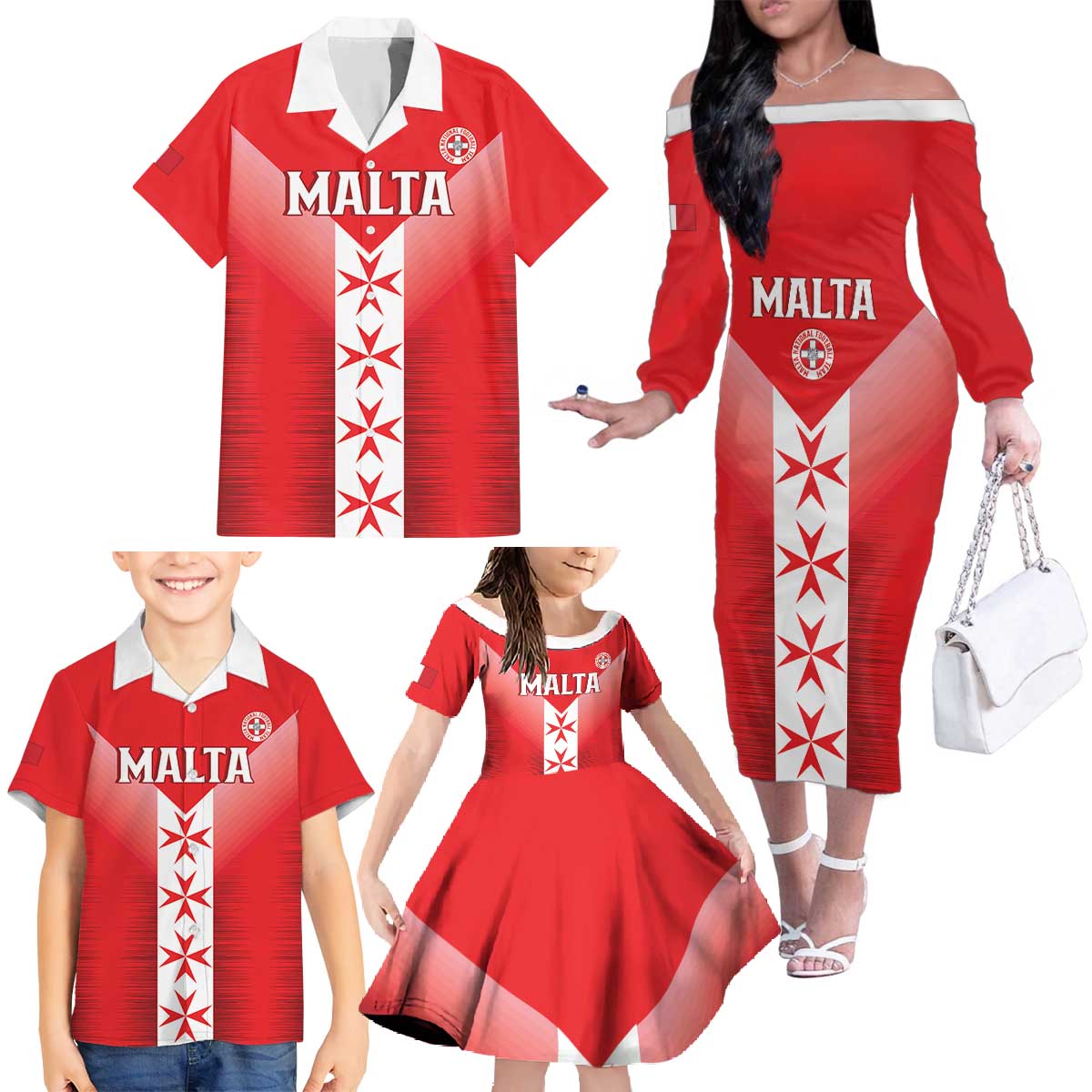 Custom Malta Football Family Matching Off The Shoulder Long Sleeve Dress and Hawaiian Shirt Maltese Cross Sporty Style