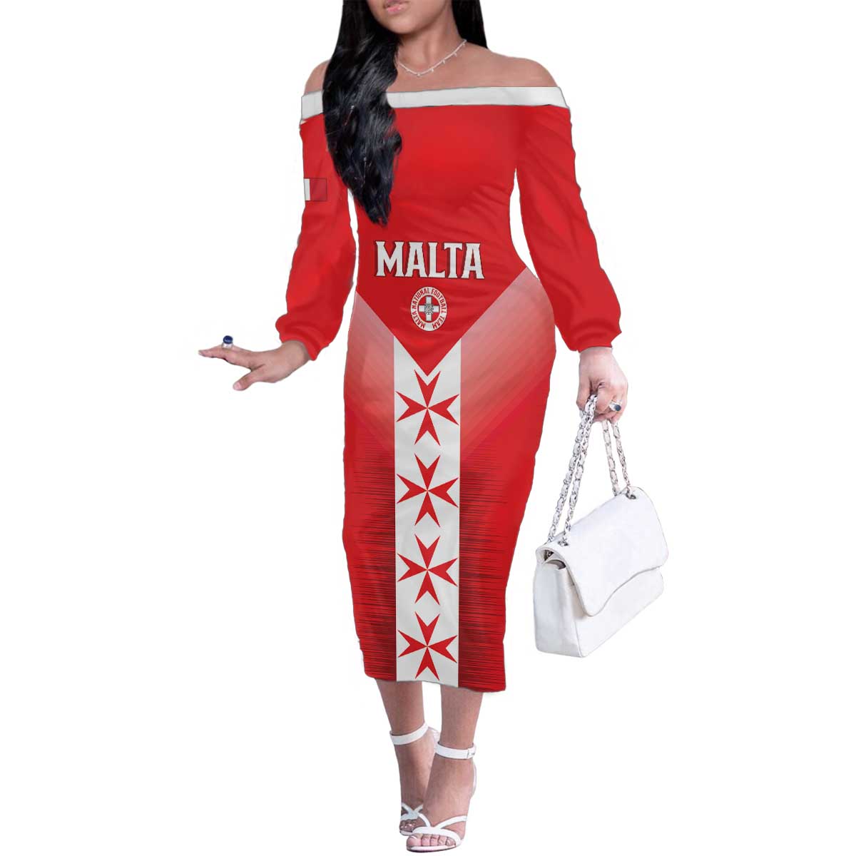 Custom Malta Football Family Matching Off The Shoulder Long Sleeve Dress and Hawaiian Shirt Maltese Cross Sporty Style