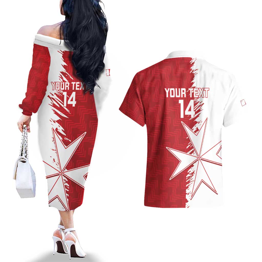 Custom Malta Football Couples Matching Off The Shoulder Long Sleeve Dress and Hawaiian Shirt Go Champions Flag Style
