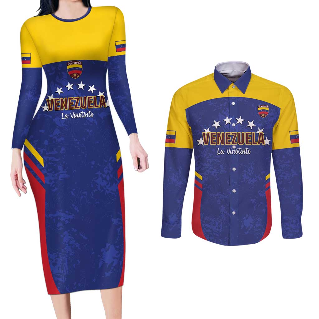 Custom Venezuela Football Couples Matching Long Sleeve Bodycon Dress and Long Sleeve Button Shirt Come On La Vinotinto Flag Color