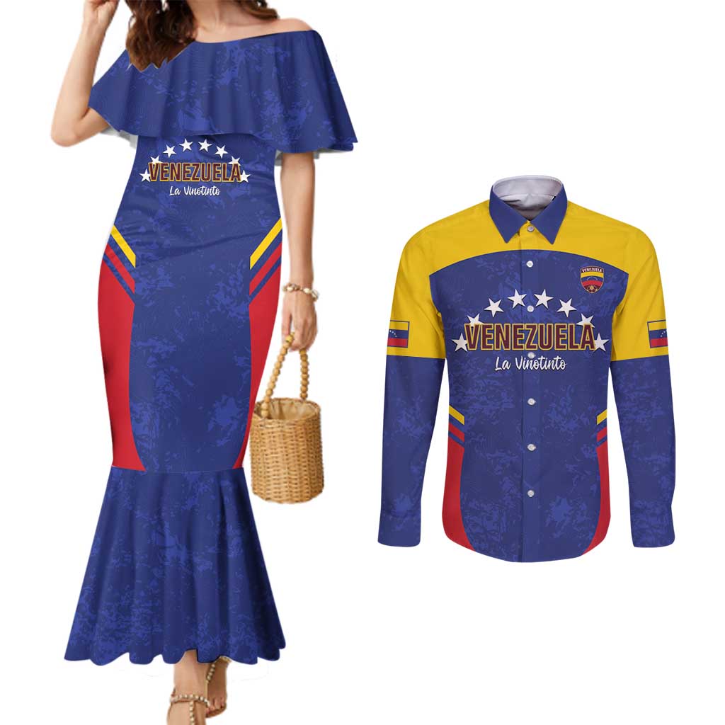 Custom Venezuela Football Couples Matching Mermaid Dress and Long Sleeve Button Shirt Come On La Vinotinto Flag Color