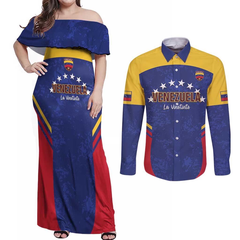 Custom Venezuela Football Couples Matching Off Shoulder Maxi Dress and Long Sleeve Button Shirt Come On La Vinotinto Flag Color