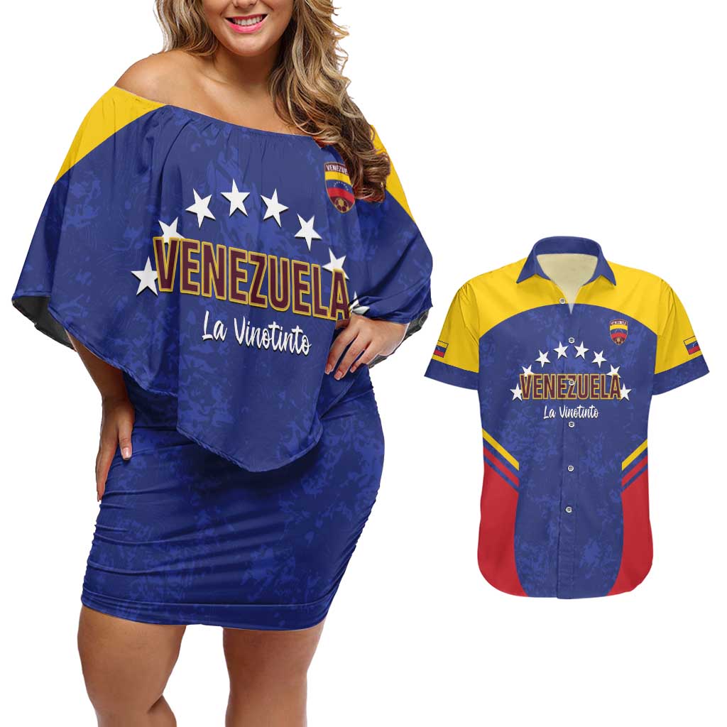 Custom Venezuela Football Couples Matching Off Shoulder Short Dress and Hawaiian Shirt Come On La Vinotinto Flag Color