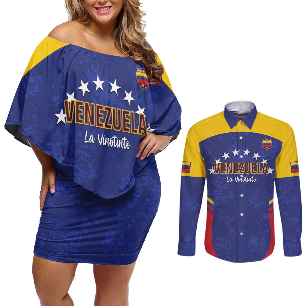 Custom Venezuela Football Couples Matching Off Shoulder Short Dress and Long Sleeve Button Shirt Come On La Vinotinto Flag Color