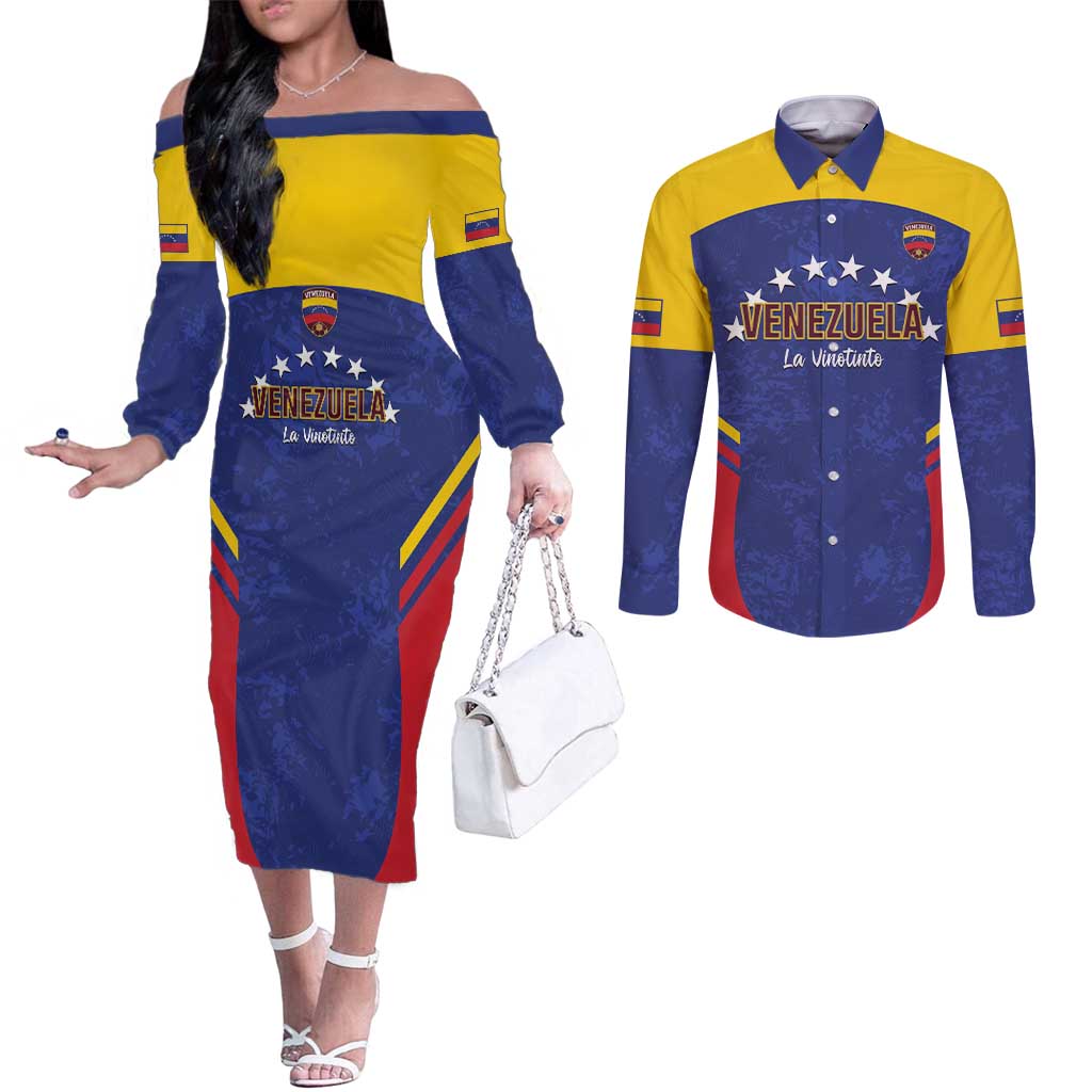 Custom Venezuela Football Couples Matching Off The Shoulder Long Sleeve Dress and Long Sleeve Button Shirt Come On La Vinotinto Flag Color