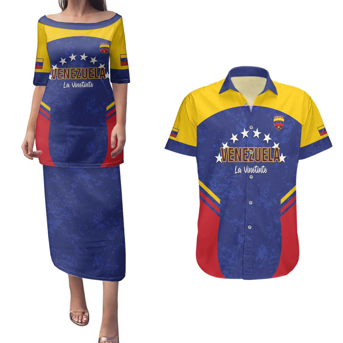 Custom Venezuela Football Couples Matching Puletasi and Hawaiian Shirt Come On La Vinotinto Flag Color