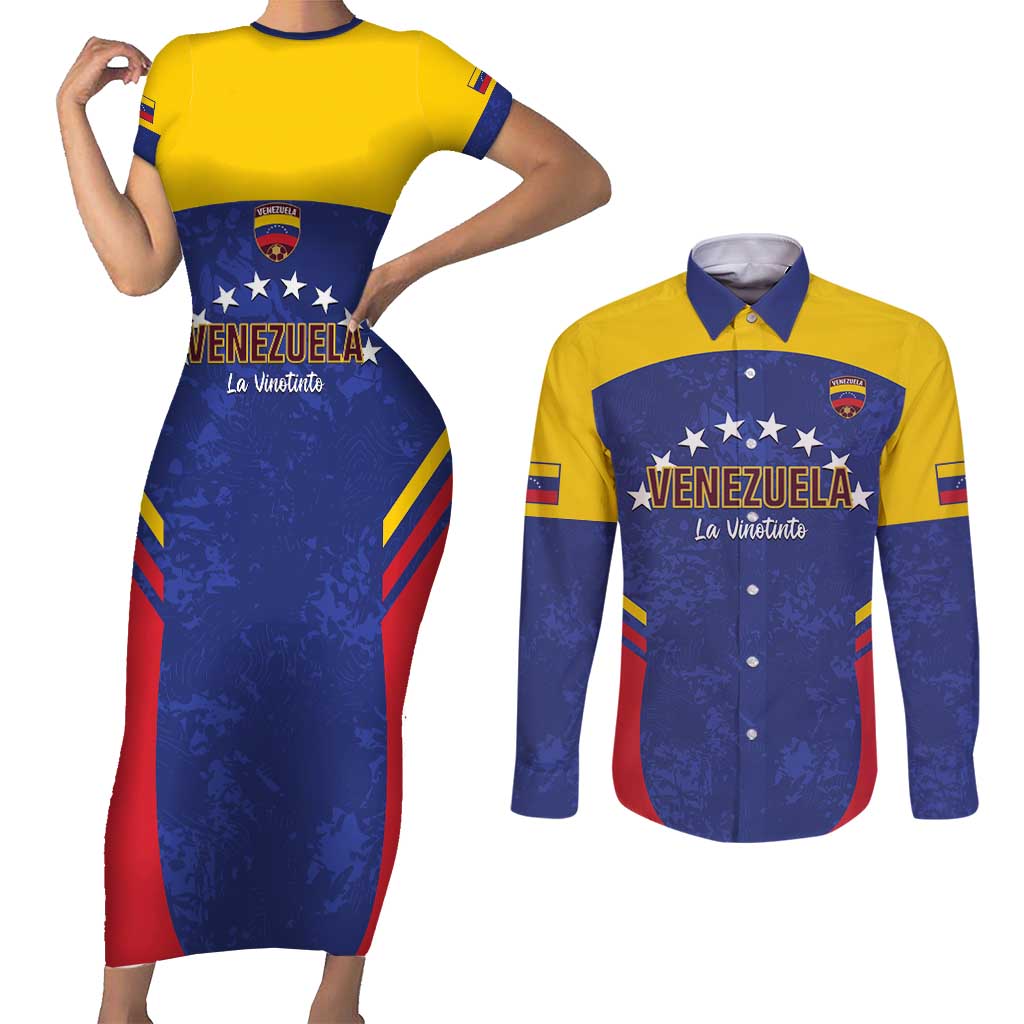 Custom Venezuela Football Couples Matching Short Sleeve Bodycon Dress and Long Sleeve Button Shirt Come On La Vinotinto Flag Color