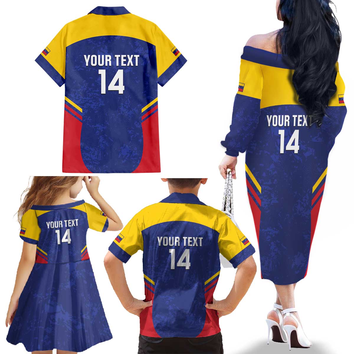 Custom Venezuela Football Family Matching Off The Shoulder Long Sleeve Dress and Hawaiian Shirt Come On La Vinotinto Flag Color