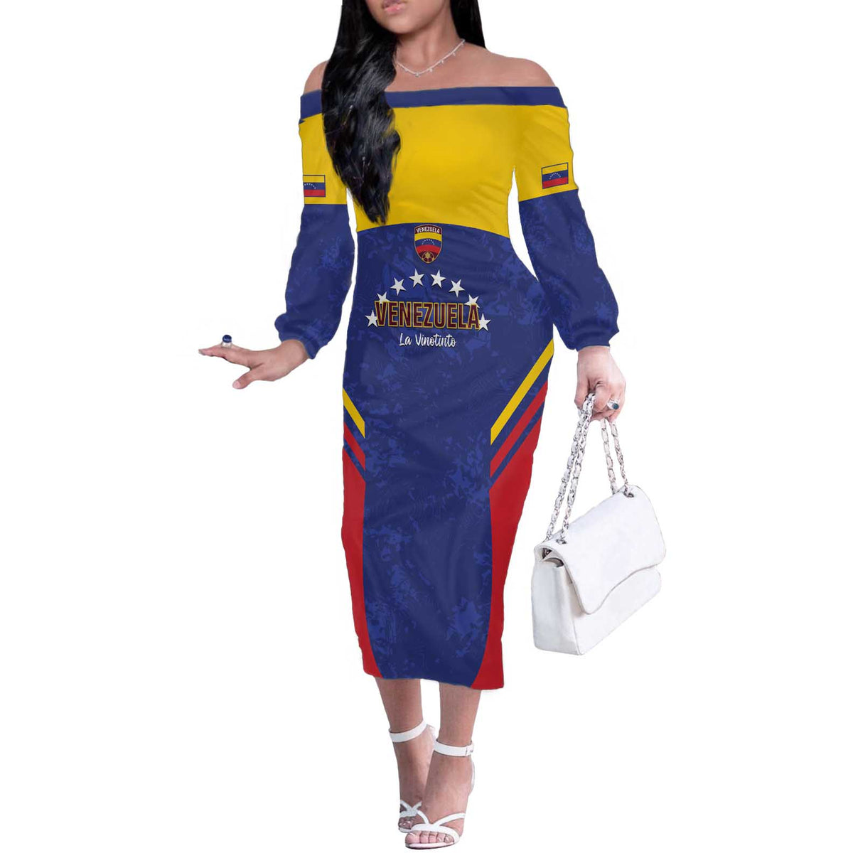 Custom Venezuela Football Off The Shoulder Long Sleeve Dress Come On La Vinotinto Flag Color