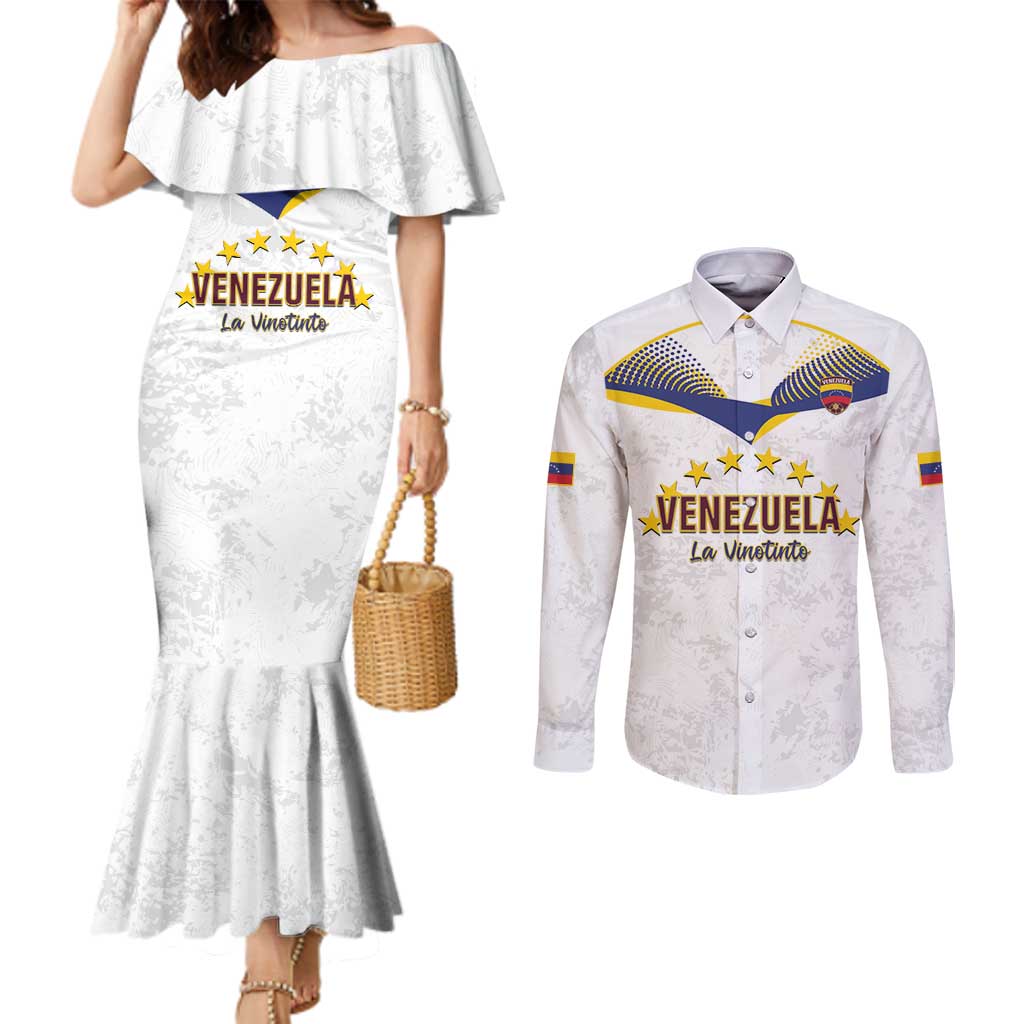 Custom Venezuela Football Couples Matching Mermaid Dress and Long Sleeve Button Shirt Come On La Vinotinto White