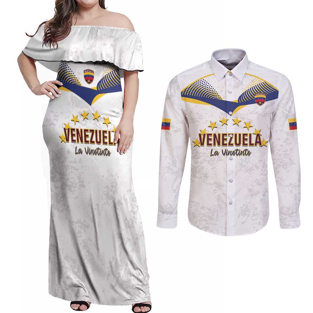 Custom Venezuela Football Couples Matching Off Shoulder Maxi Dress and Long Sleeve Button Shirt Come On La Vinotinto White