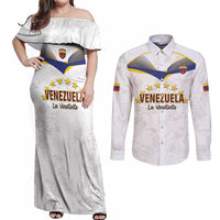 Custom Venezuela Football Couples Matching Off Shoulder Maxi Dress and Long Sleeve Button Shirt Come On La Vinotinto White