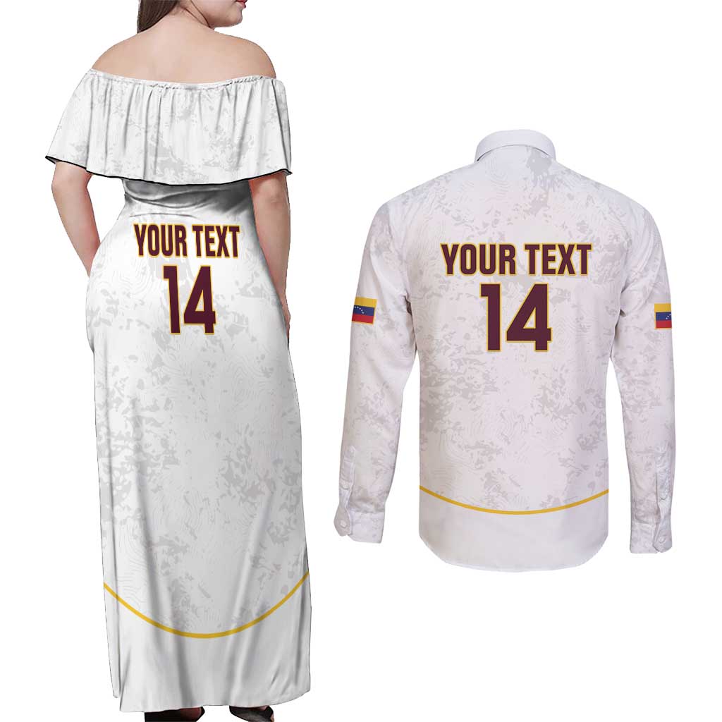 Custom Venezuela Football Couples Matching Off Shoulder Maxi Dress and Long Sleeve Button Shirt Come On La Vinotinto White