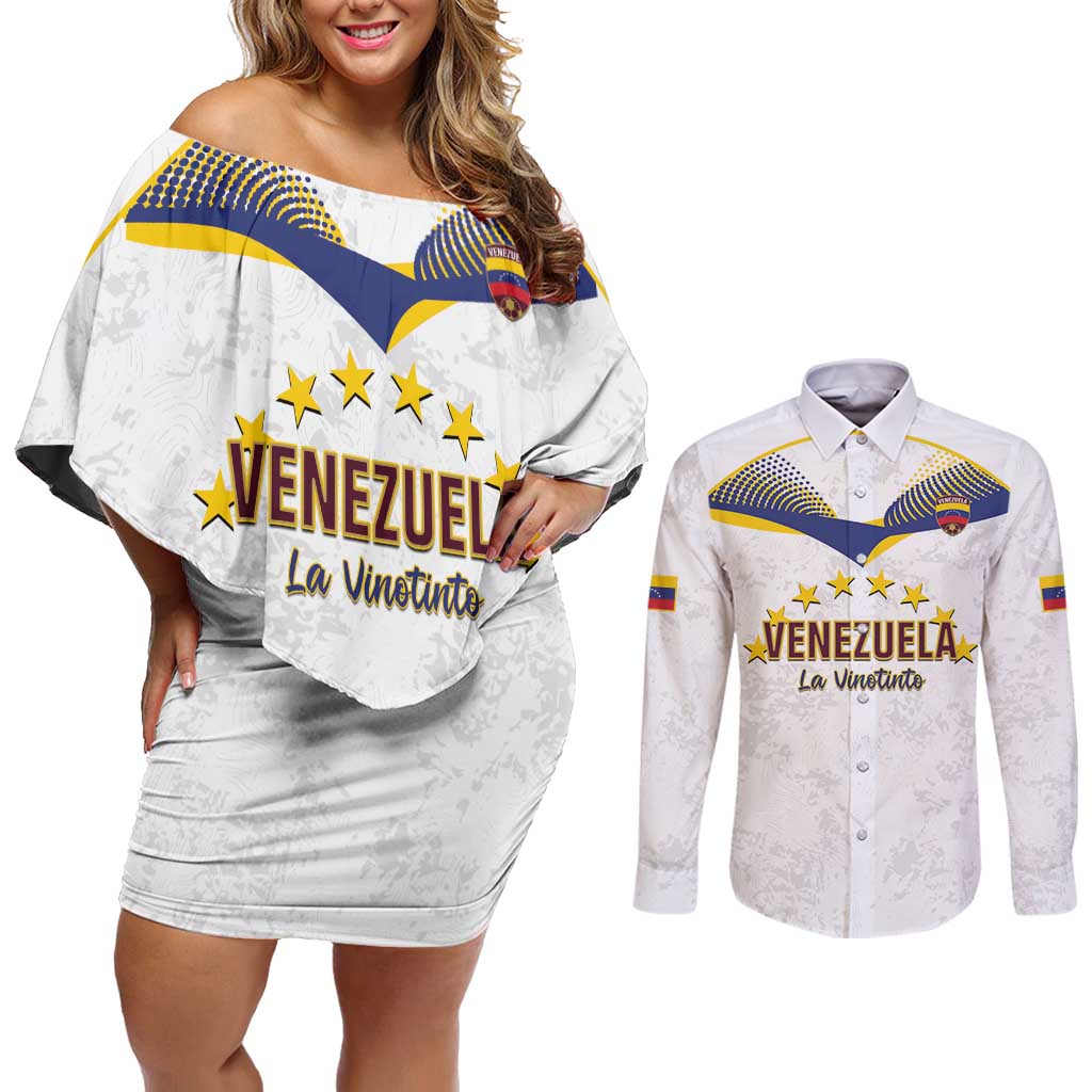Custom Venezuela Football Couples Matching Off Shoulder Short Dress and Long Sleeve Button Shirt Come On La Vinotinto White