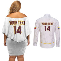Custom Venezuela Football Couples Matching Off Shoulder Short Dress and Long Sleeve Button Shirt Come On La Vinotinto White