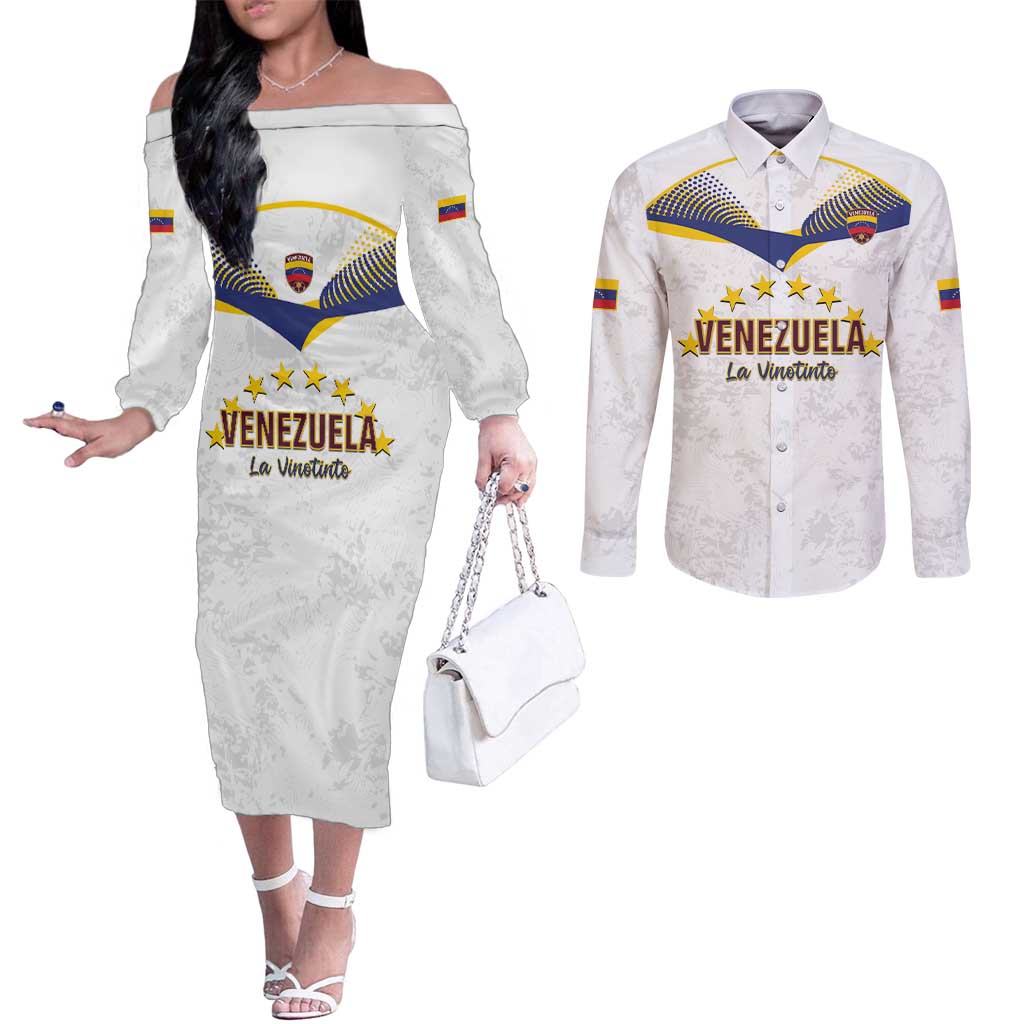 Custom Venezuela Football Couples Matching Off The Shoulder Long Sleeve Dress and Long Sleeve Button Shirt Come On La Vinotinto White