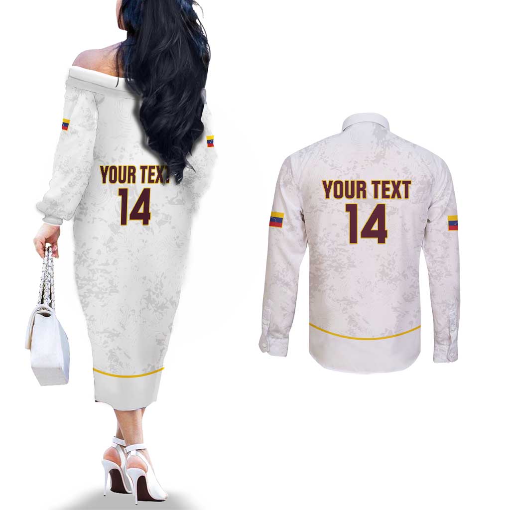 Custom Venezuela Football Couples Matching Off The Shoulder Long Sleeve Dress and Long Sleeve Button Shirt Come On La Vinotinto White