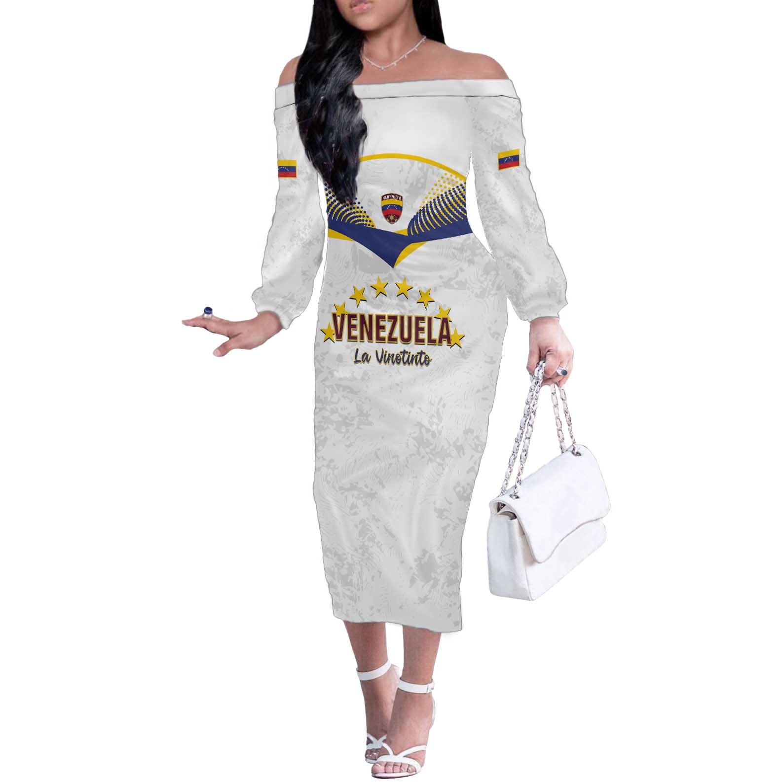 Custom Venezuela Football Off The Shoulder Long Sleeve Dress Come On La Vinotinto White