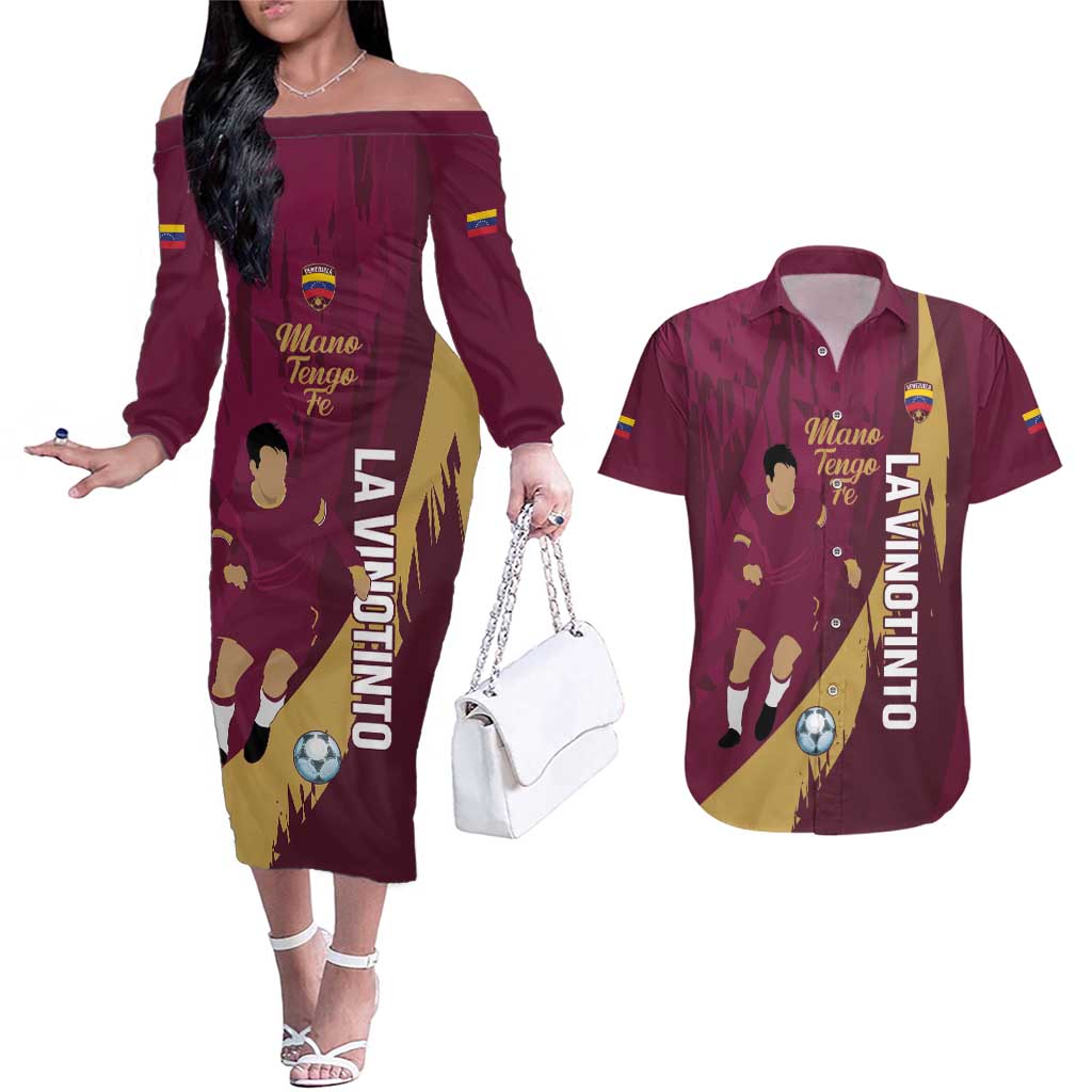 Custom Venezuela Football Couples Matching Off The Shoulder Long Sleeve Dress and Hawaiian Shirt Mano Tengo Fe La Vinotinto