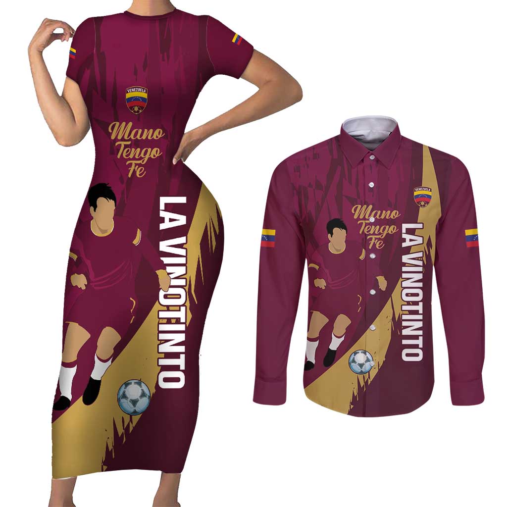 Custom Venezuela Football Couples Matching Short Sleeve Bodycon Dress and Long Sleeve Button Shirt Mano Tengo Fe La Vinotinto