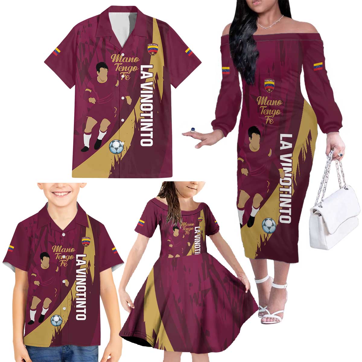 Custom Venezuela Football Family Matching Off The Shoulder Long Sleeve Dress and Hawaiian Shirt Mano Tengo Fe La Vinotinto