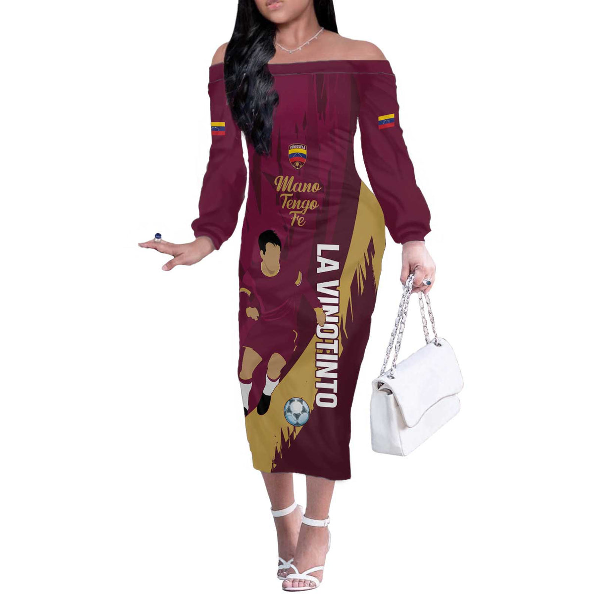 Custom Venezuela Football Off The Shoulder Long Sleeve Dress Mano Tengo Fe La Vinotinto