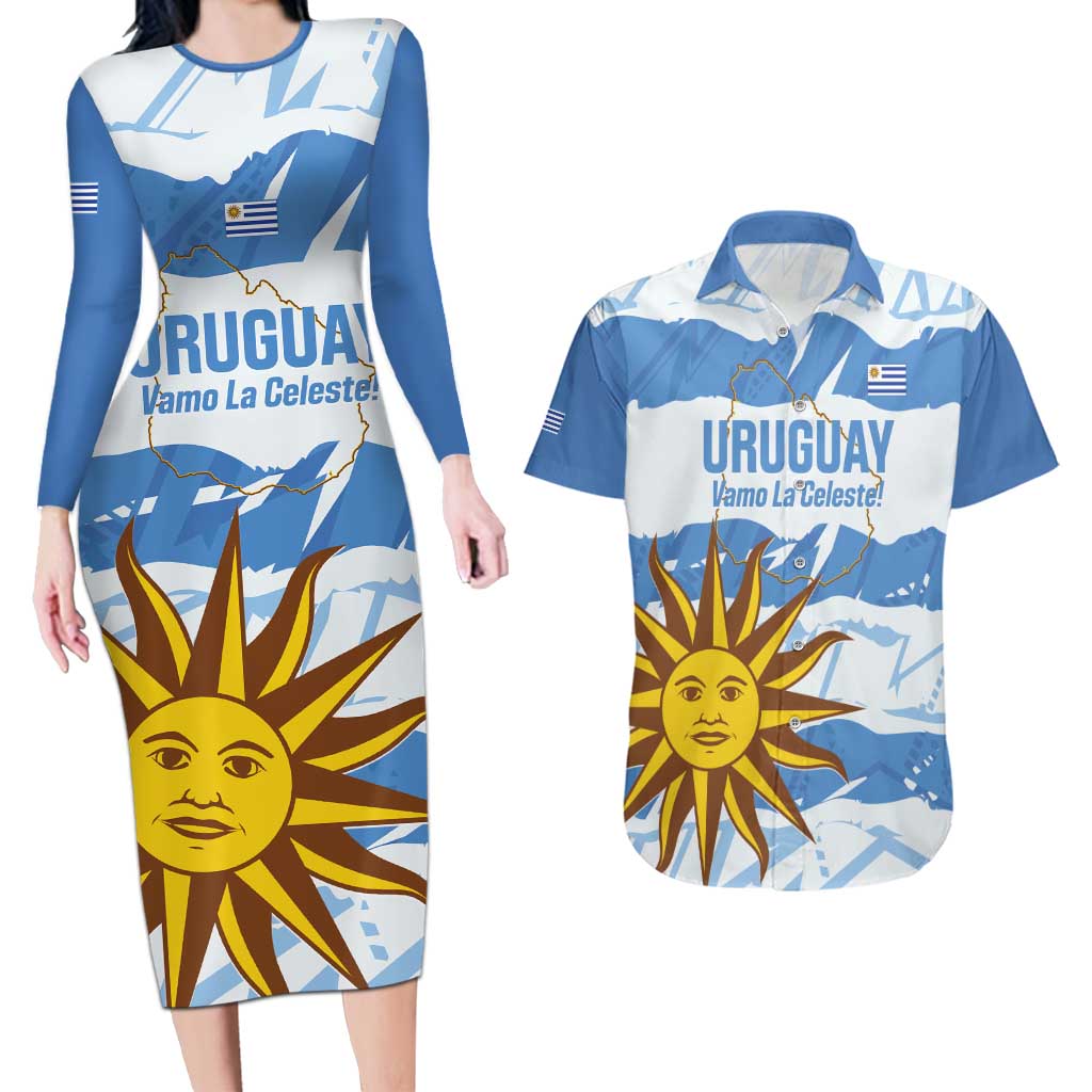 Custom Uruguay Football Couples Matching Long Sleeve Bodycon Dress and Hawaiian Shirt Vamo La Celeste