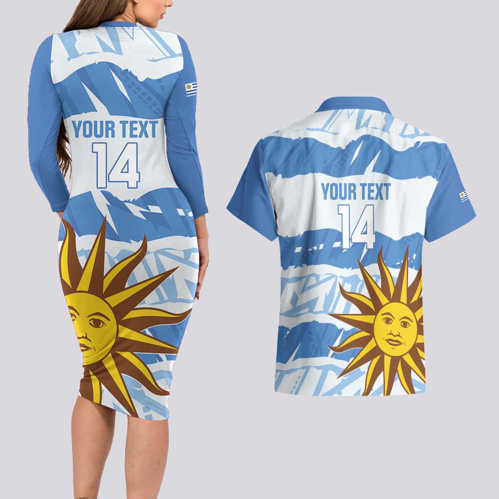 Custom Uruguay Football Couples Matching Long Sleeve Bodycon Dress and Hawaiian Shirt Vamo La Celeste