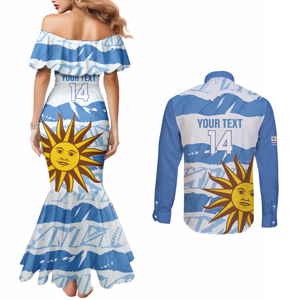Custom Uruguay Football Couples Matching Mermaid Dress and Long Sleeve Button Shirt Vamo La Celeste