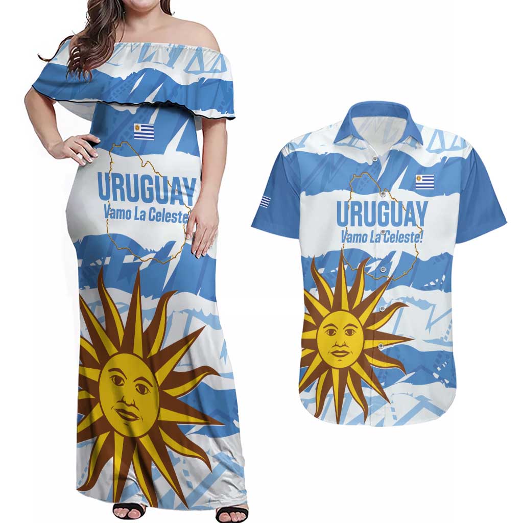 Custom Uruguay Football Couples Matching Off Shoulder Maxi Dress and Hawaiian Shirt Vamo La Celeste