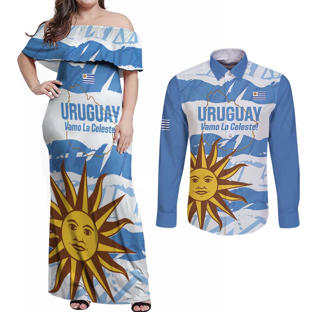 Custom Uruguay Football Couples Matching Off Shoulder Maxi Dress and Long Sleeve Button Shirt Vamo La Celeste