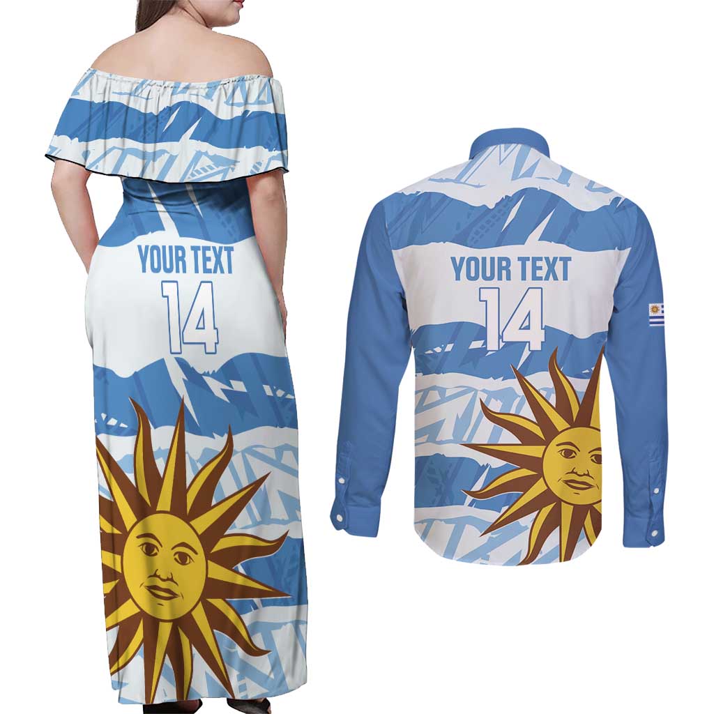 Custom Uruguay Football Couples Matching Off Shoulder Maxi Dress and Long Sleeve Button Shirt Vamo La Celeste