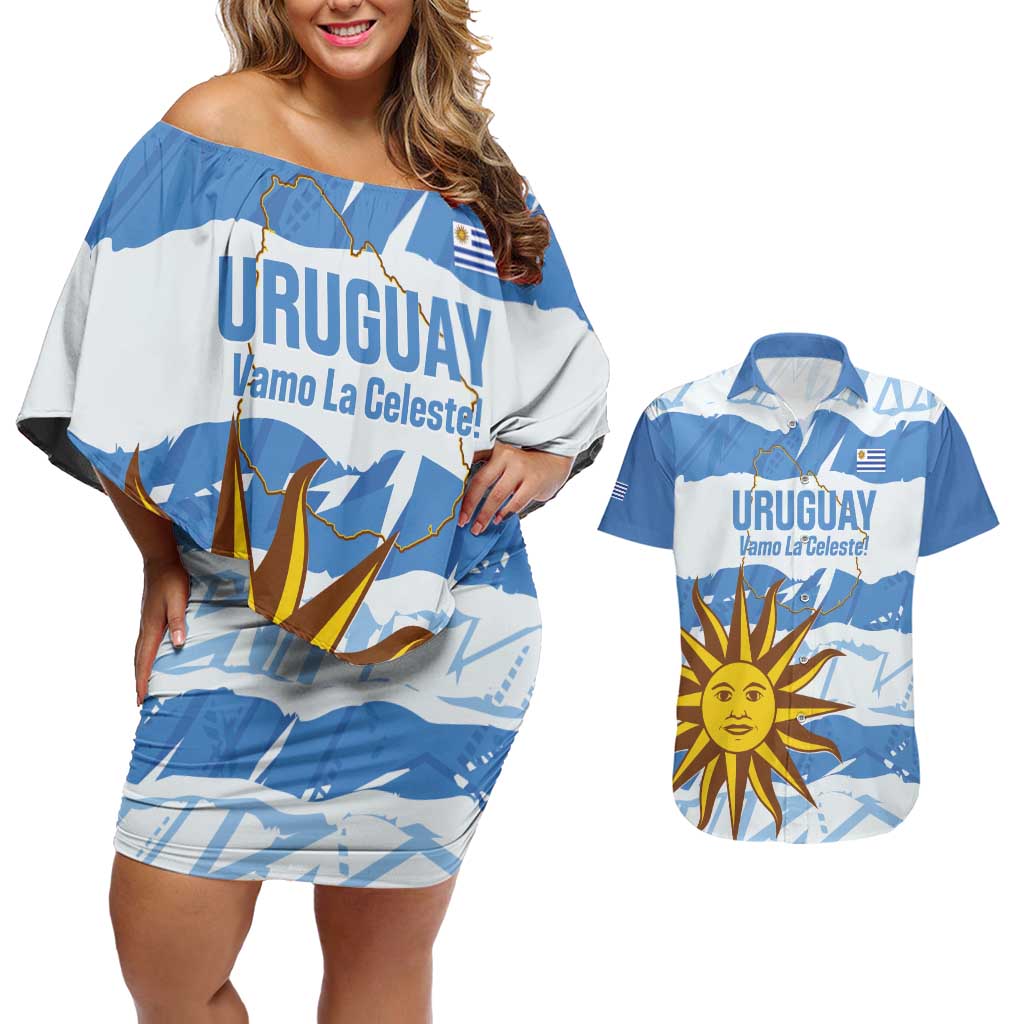 Custom Uruguay Football Couples Matching Off Shoulder Short Dress and Hawaiian Shirt Vamo La Celeste