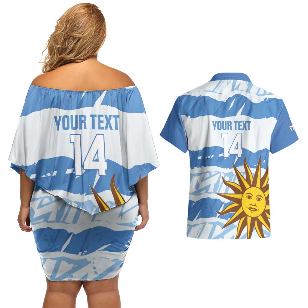 Custom Uruguay Football Couples Matching Off Shoulder Short Dress and Hawaiian Shirt Vamo La Celeste