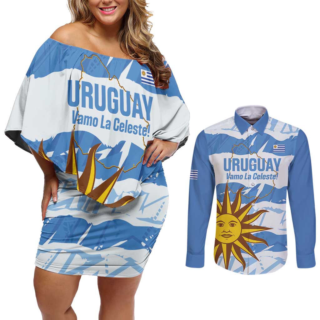 Custom Uruguay Football Couples Matching Off Shoulder Short Dress and Long Sleeve Button Shirt Vamo La Celeste