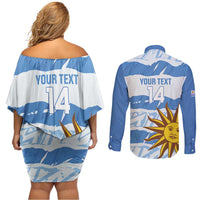 Custom Uruguay Football Couples Matching Off Shoulder Short Dress and Long Sleeve Button Shirt Vamo La Celeste