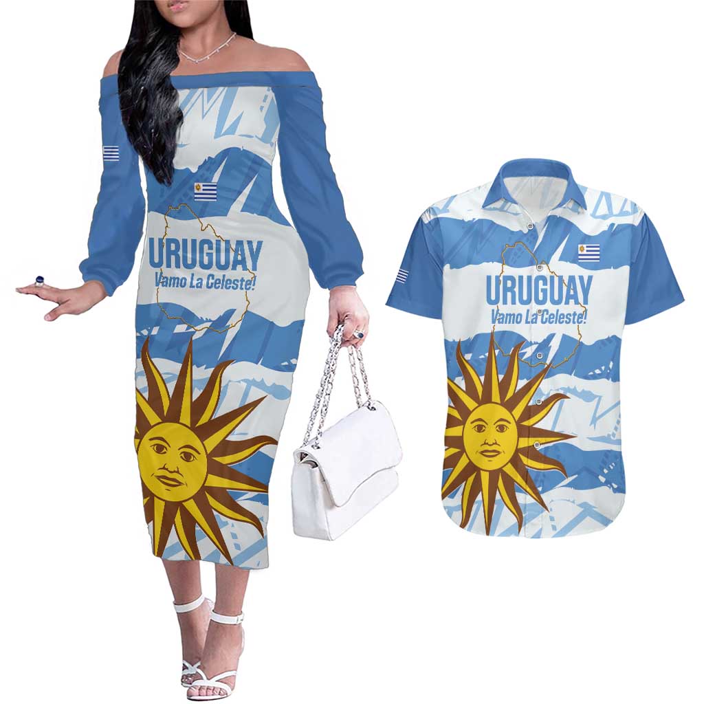 Custom Uruguay Football Couples Matching Off The Shoulder Long Sleeve Dress and Hawaiian Shirt Vamo La Celeste