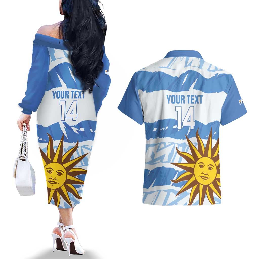 Custom Uruguay Football Couples Matching Off The Shoulder Long Sleeve Dress and Hawaiian Shirt Vamo La Celeste