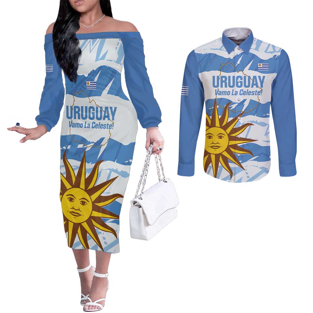 Custom Uruguay Football Couples Matching Off The Shoulder Long Sleeve Dress and Long Sleeve Button Shirt Vamo La Celeste
