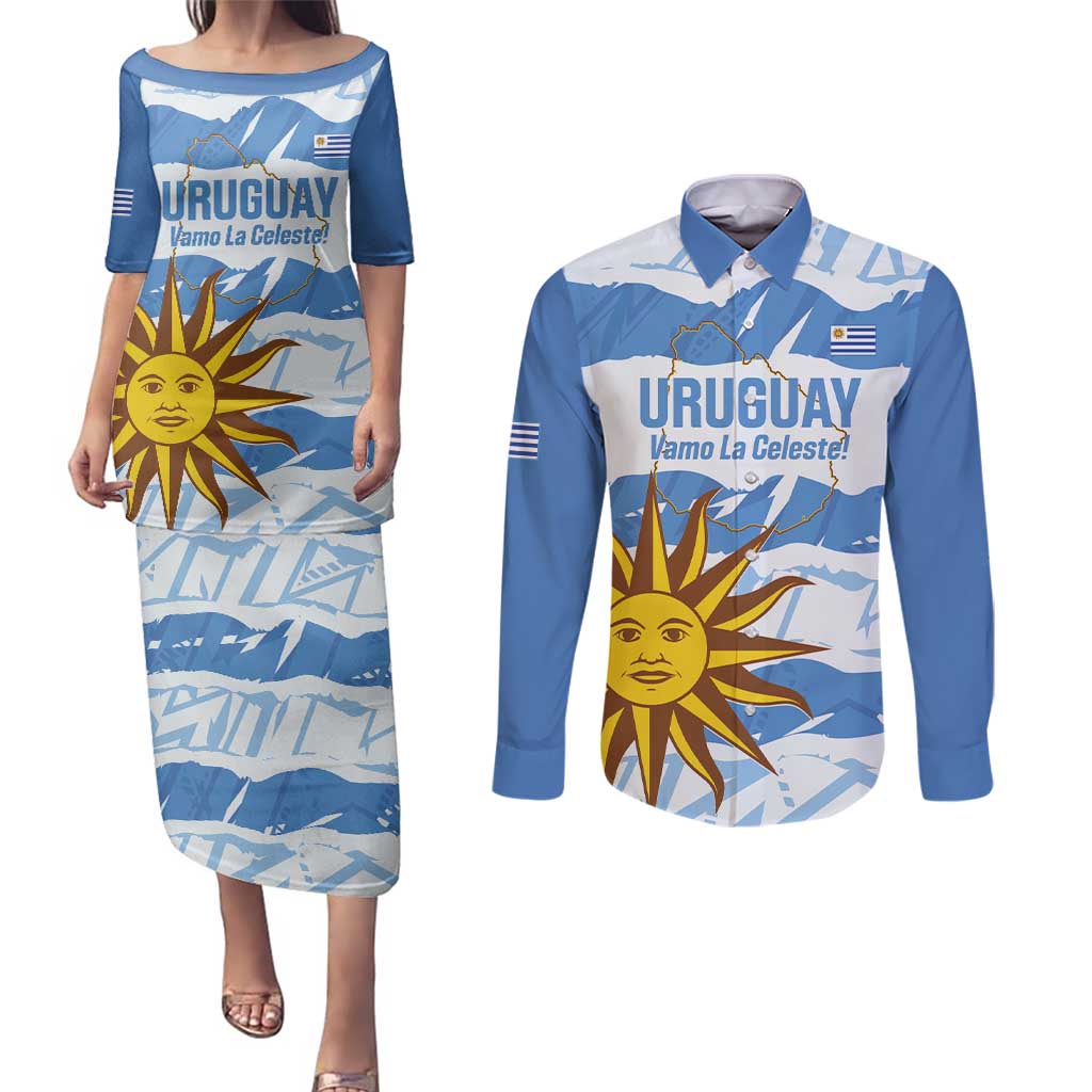 Custom Uruguay Football Couples Matching Puletasi and Long Sleeve Button Shirt Vamo La Celeste