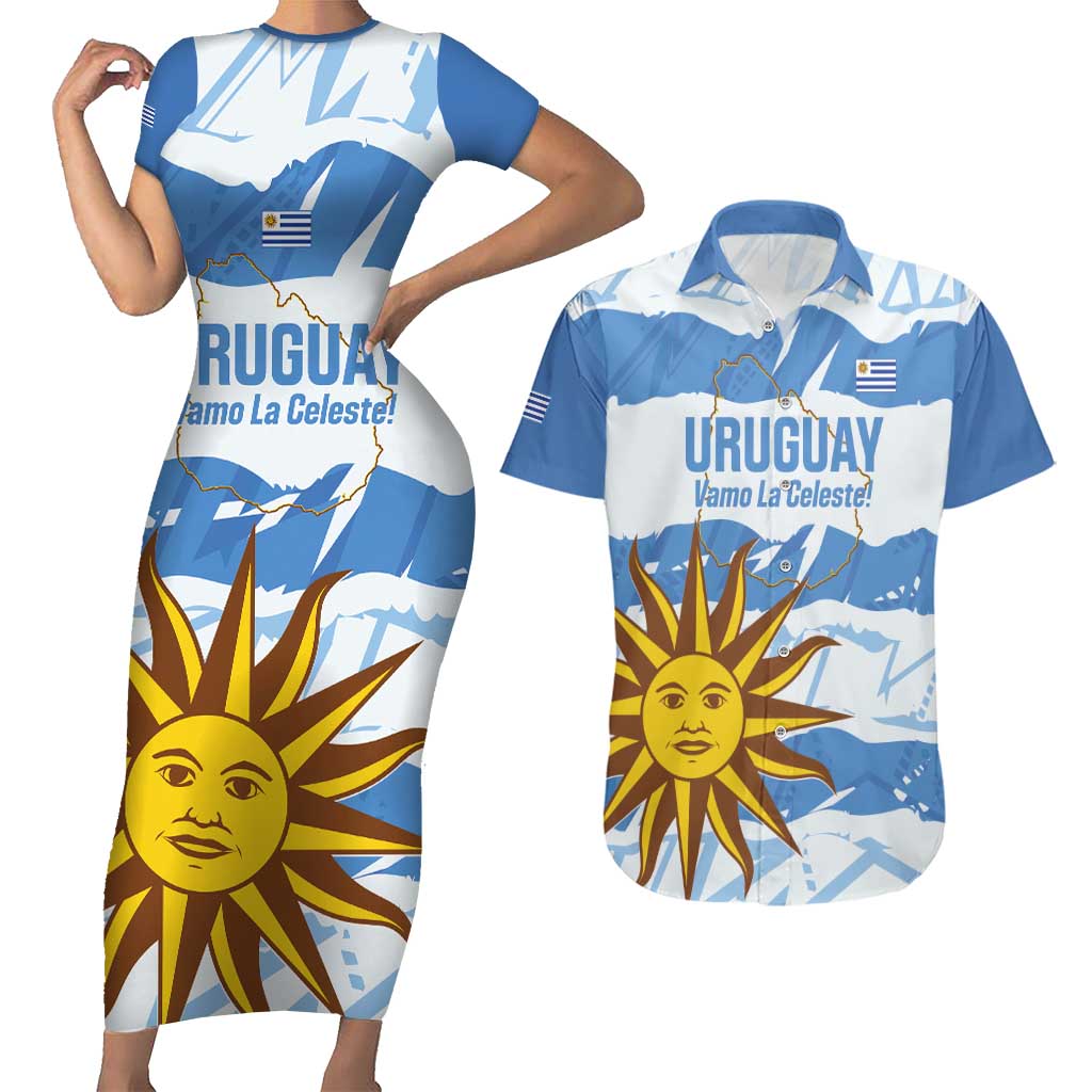 Custom Uruguay Football Couples Matching Short Sleeve Bodycon Dress and Hawaiian Shirt Vamo La Celeste