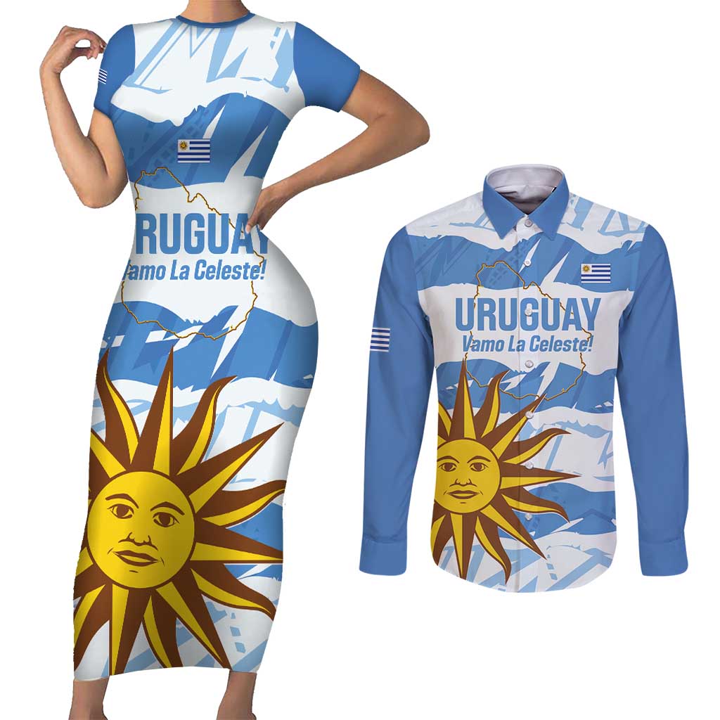 Custom Uruguay Football Couples Matching Short Sleeve Bodycon Dress and Long Sleeve Button Shirt Vamo La Celeste