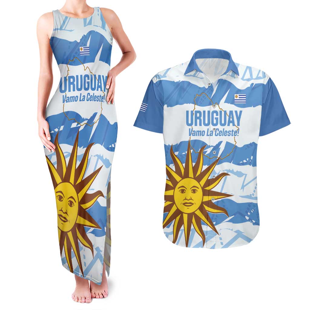 Custom Uruguay Football Couples Matching Tank Maxi Dress and Hawaiian Shirt Vamo La Celeste